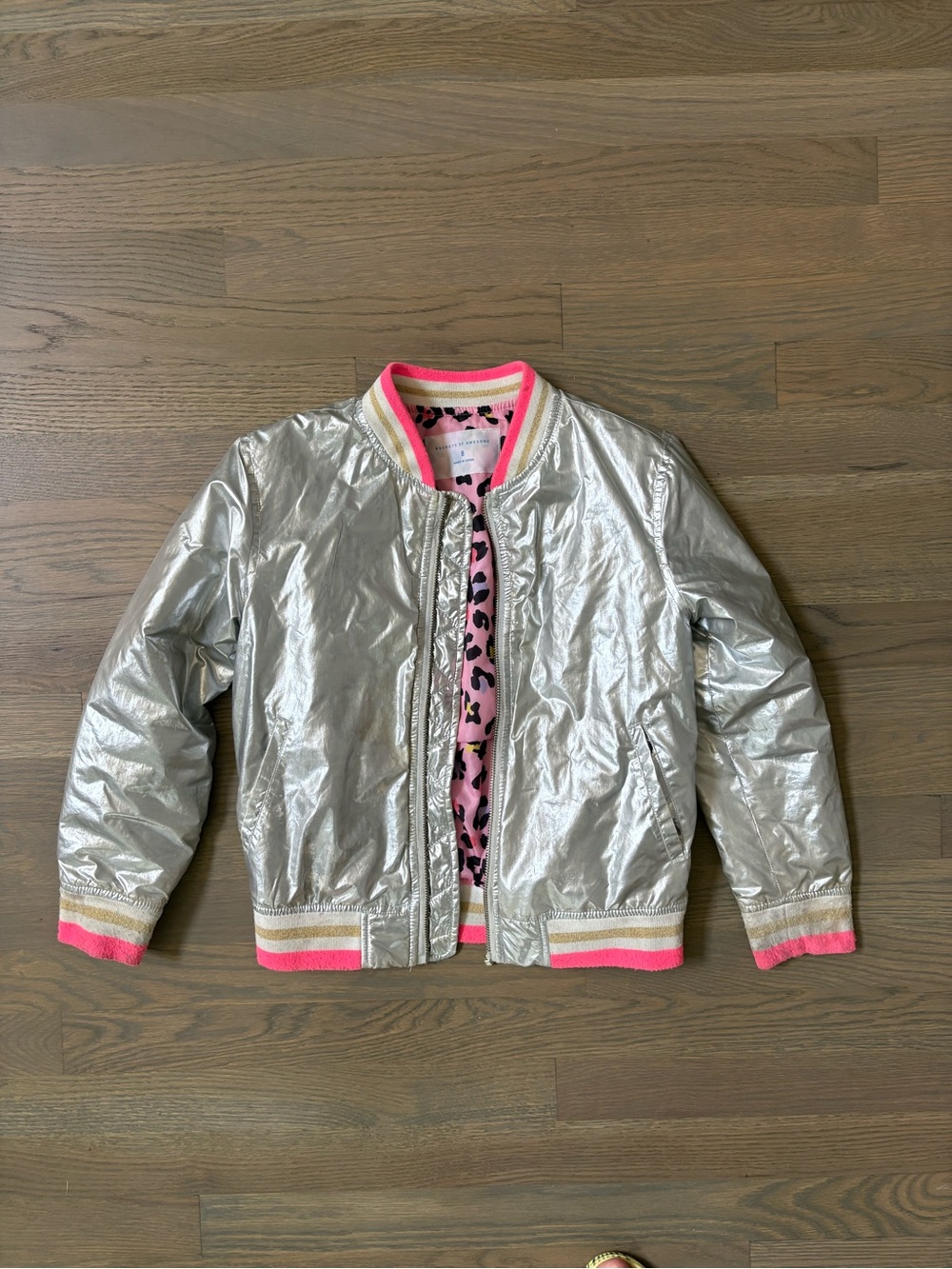 Kids Metallic Silver Bomber Raincoat with Pink Trim and Animal Print Lining